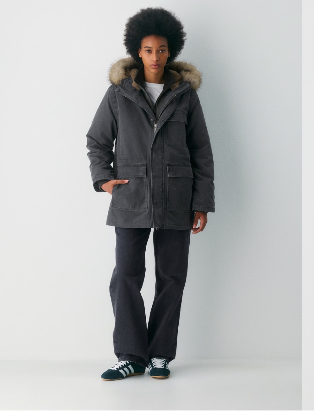 TNA Aritzia Vortex Coat Charcoal Faux Fur Hooded Insulated Parka